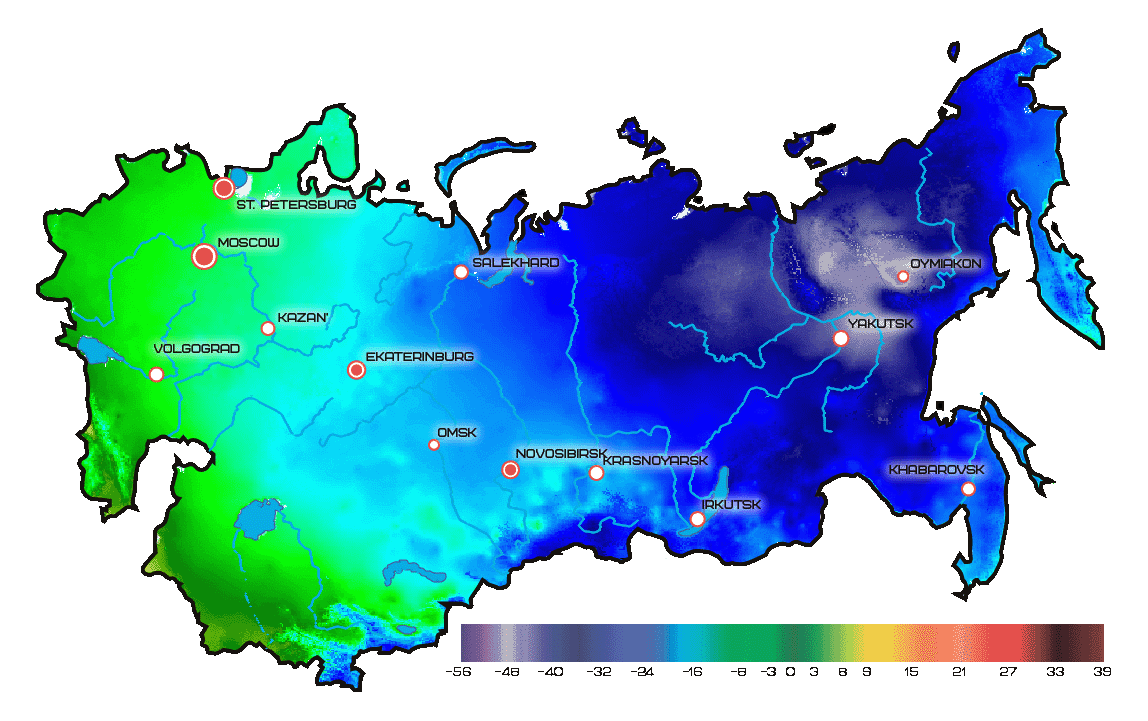 Average temperature map for December in Russia